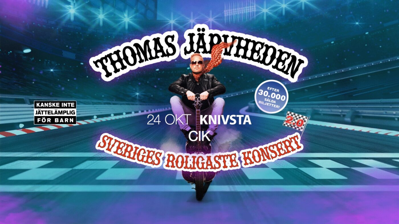 Affisch med konserttitel och informationstext samt Tomas Järvheden sittande med sin gitarr som också ser ut som en motorcykel iklädd skinnjacka, solglasögon och lång röd fladdrande sjal mot en blålila bakgrund